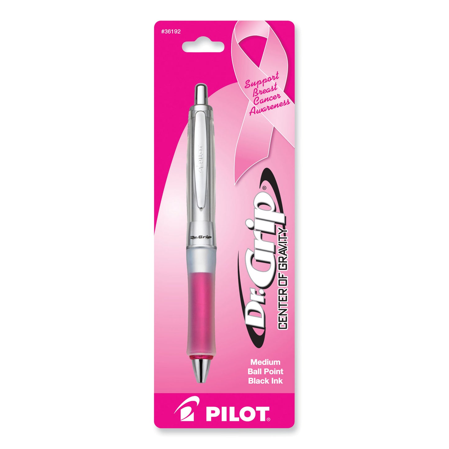 Dr. Grip Center of Gravity Breast Cancer Awareness Ballpoint Pen, Retractable, Medium 1 mm, Black Ink, Silver/Pink Barrel