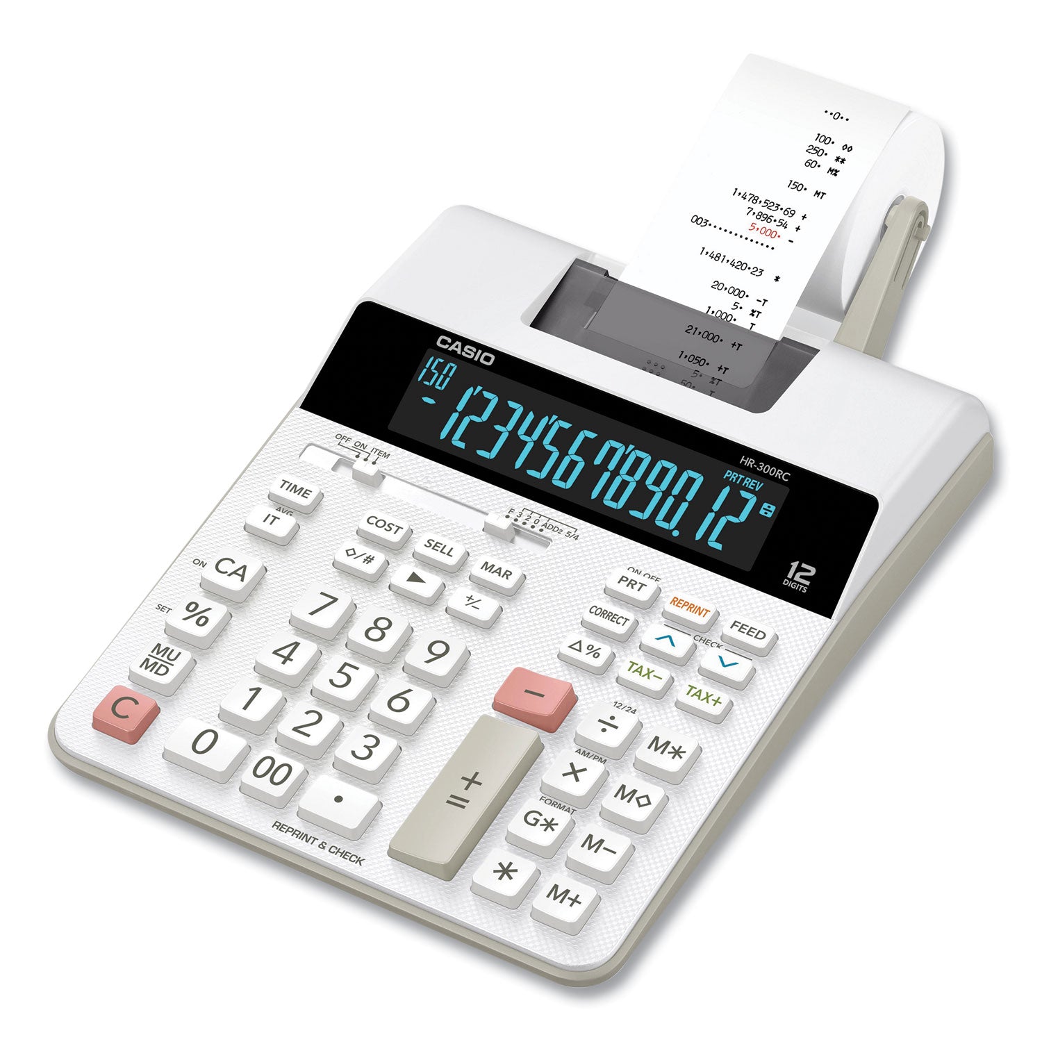 HR-300RC 12-Digit Printing Calculator, Black/Red Print, 2 Lines/Second, White