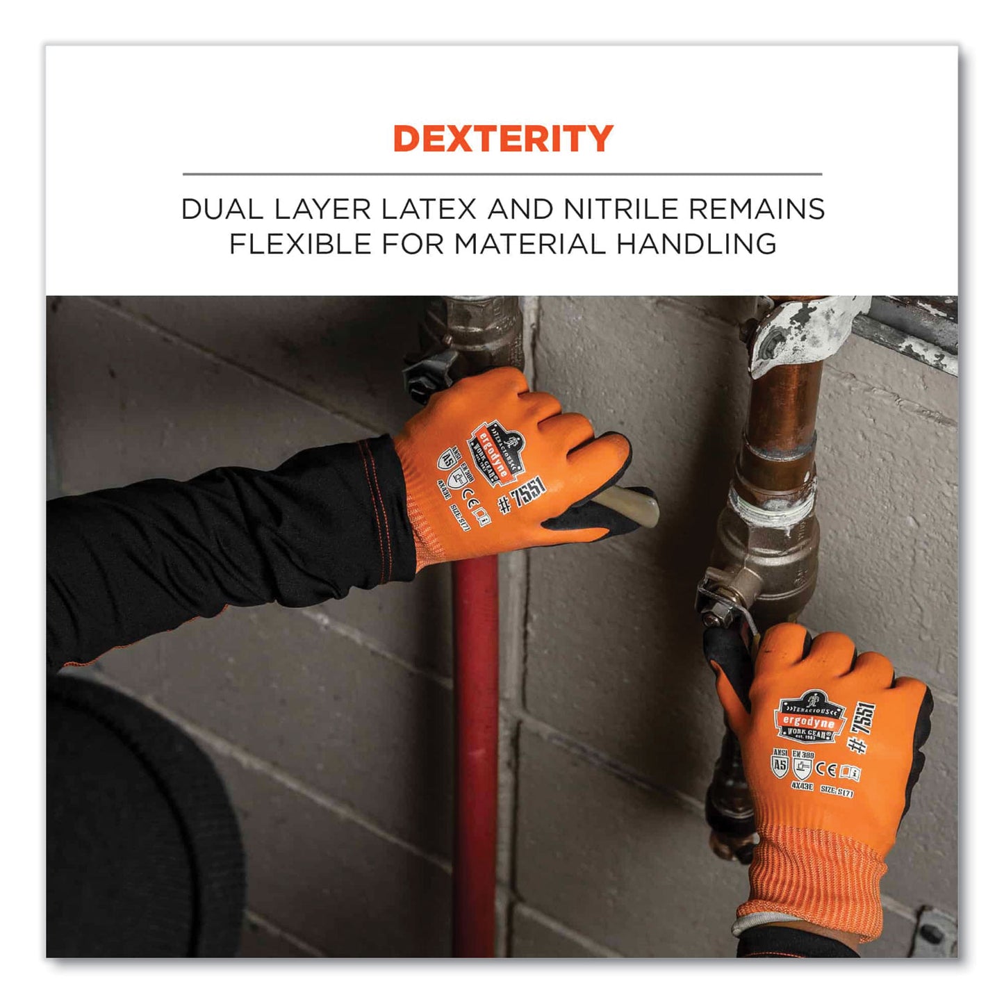 ProFlex 7551 ANSI A5 Coated Waterproof CR Gloves, EN388: 4X43E, 10" Long, Small, Orange, Pair