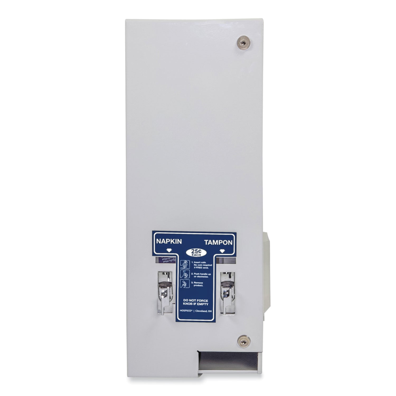 Dual Channel Sanitary Napkin/Tampon Vendor, 25 Cent Coin Mechanism, 11.13 x 7.63 x 26.38, White/Blue