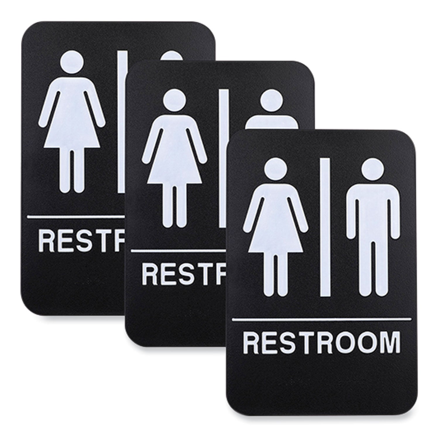 Indoor/Outdoor Restroom with Braille Text, 6 x 9, Black Face, White Graphics, 3/Pack