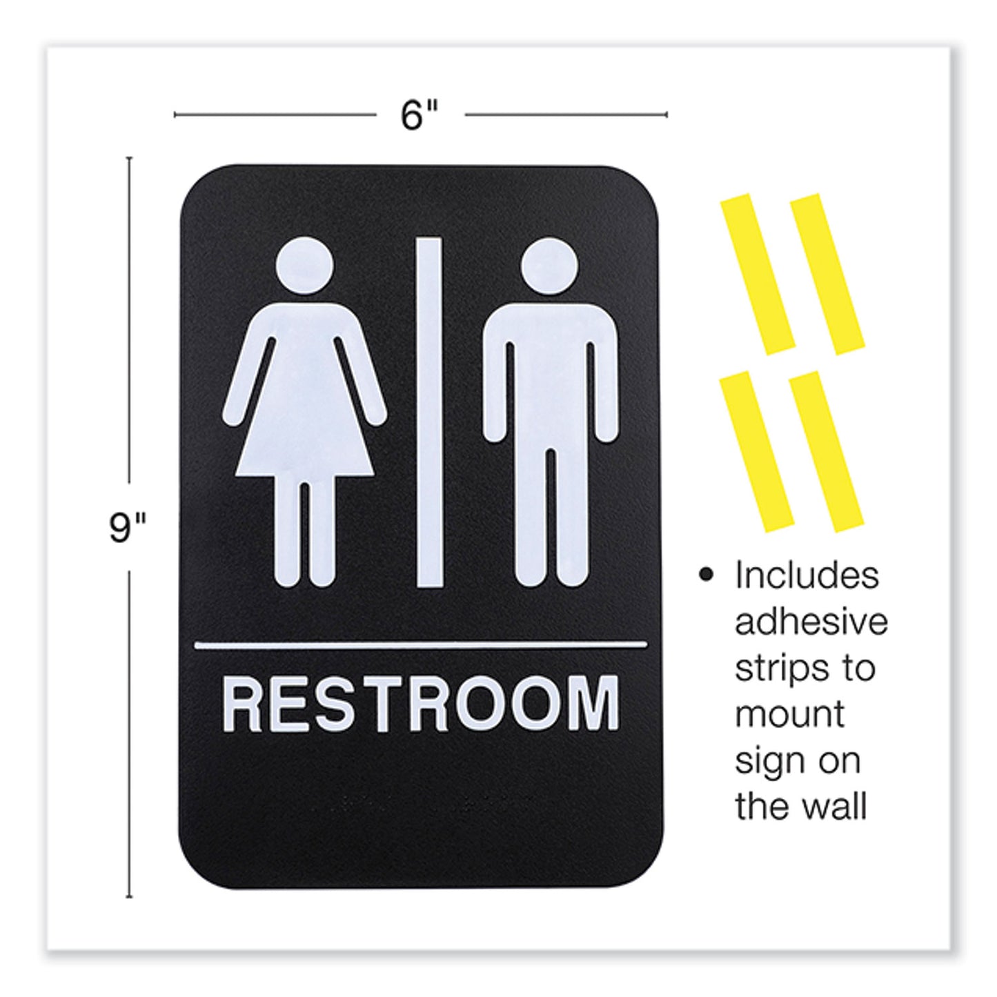 Indoor/Outdoor Restroom with Braille Text, 6 x 9, Black Face, White Graphics, 3/Pack