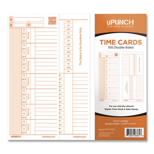 Time Clock Cards for PK1100 Time Clock, Two Sides, 3.38 x 8.25, 100/Pack