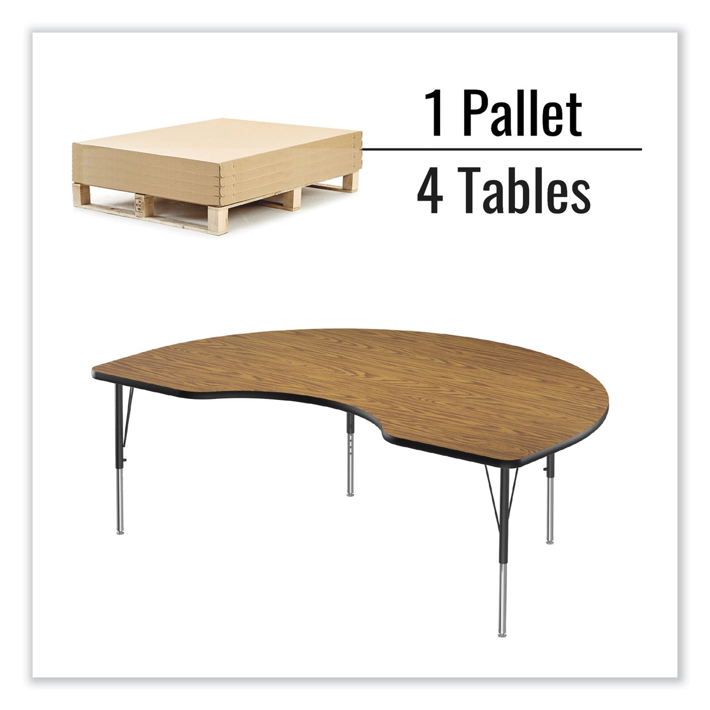 Adjustable Activity Tables, Kidney Shape, 72" x 48" x 19" to 29", Oak Top, Black Legs, 4/Pallet