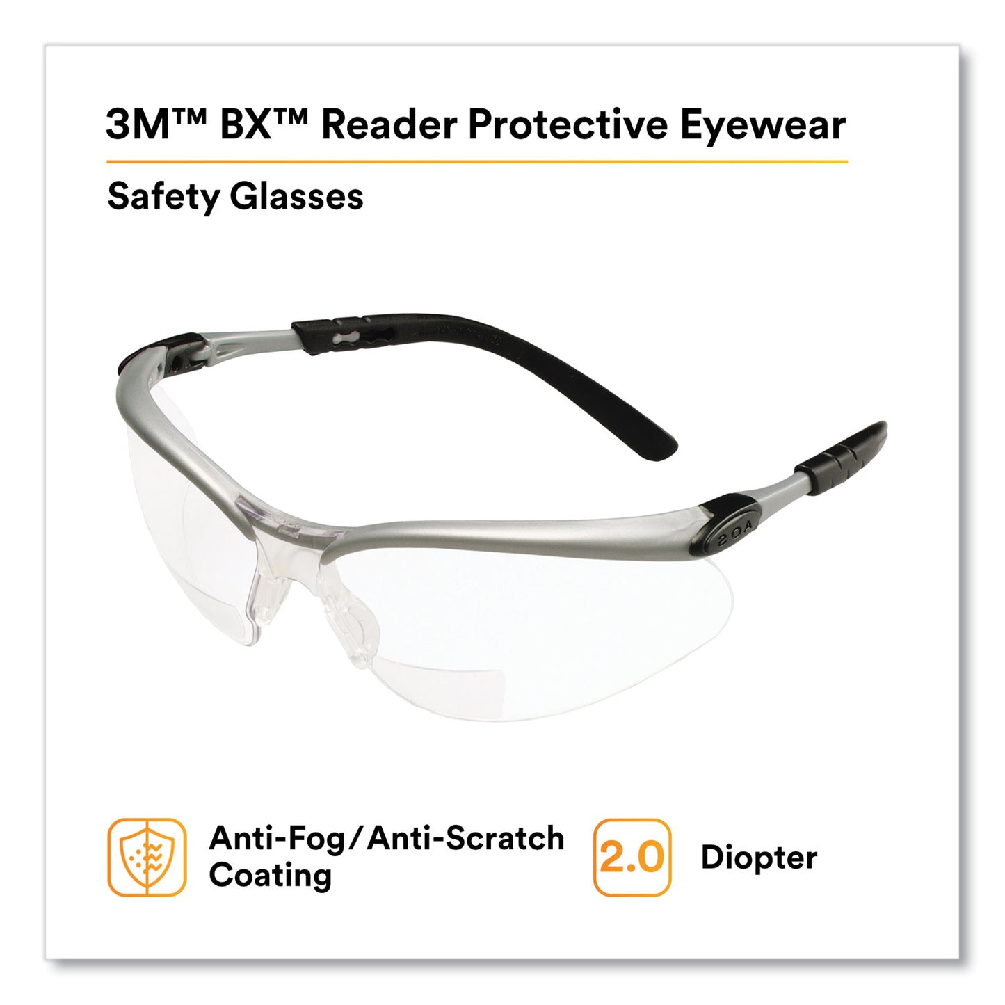 BX Molded-In Diopter Safety Glasses, 2.0+ Diopter, Silver/Black Half Frame, Clear Dual Lens