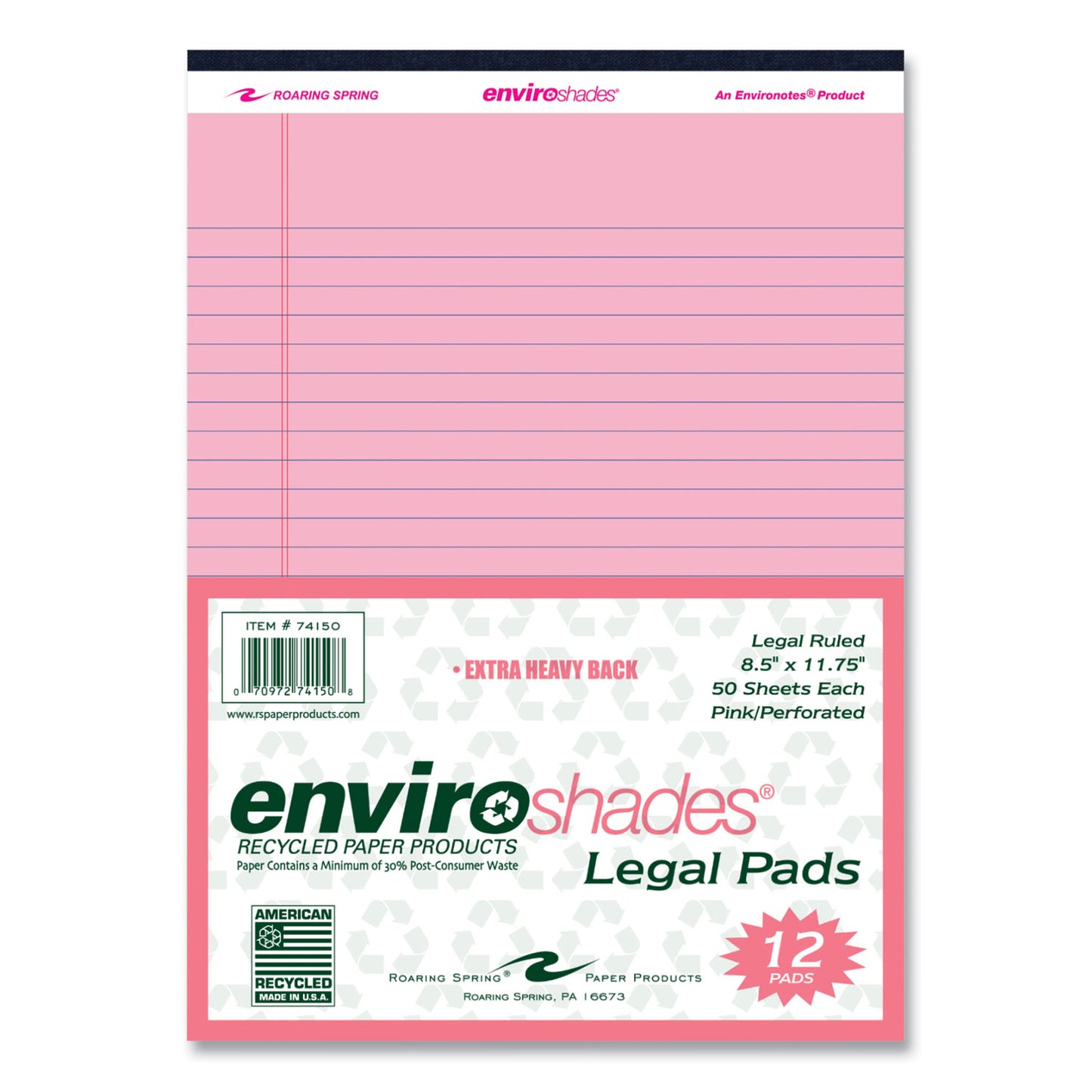 EnviroShades Legal Notepads, Wide/Legal Rule, (50) Pink 8.5 x 11 Sheets, 36/Carton