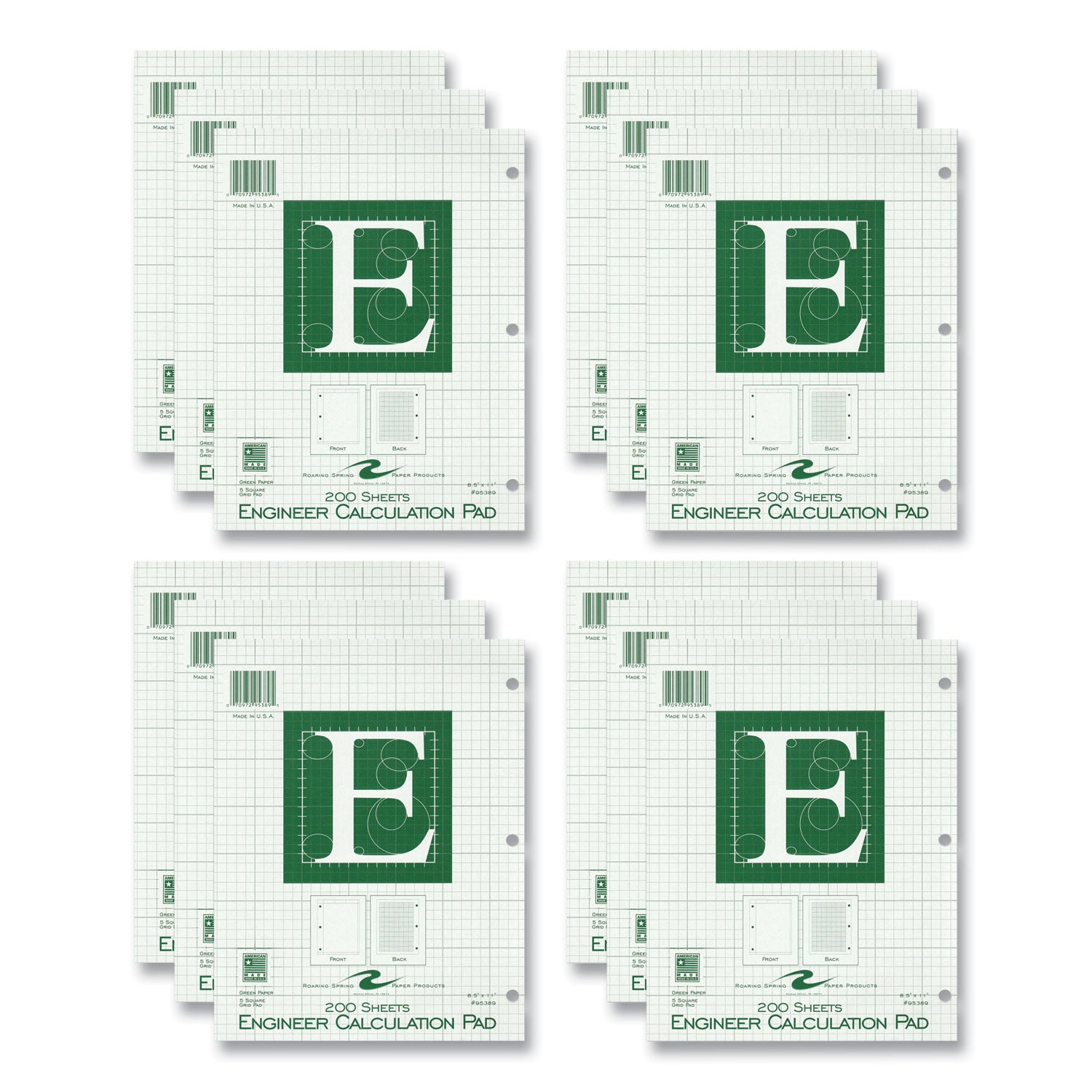 Engineer Pad, Data Format (0.5" Margin) and Quadrille Rule (5 sq/in, 1 sq/in), (200) Light Green 8.5 x 11 Sheets, 12/Carton