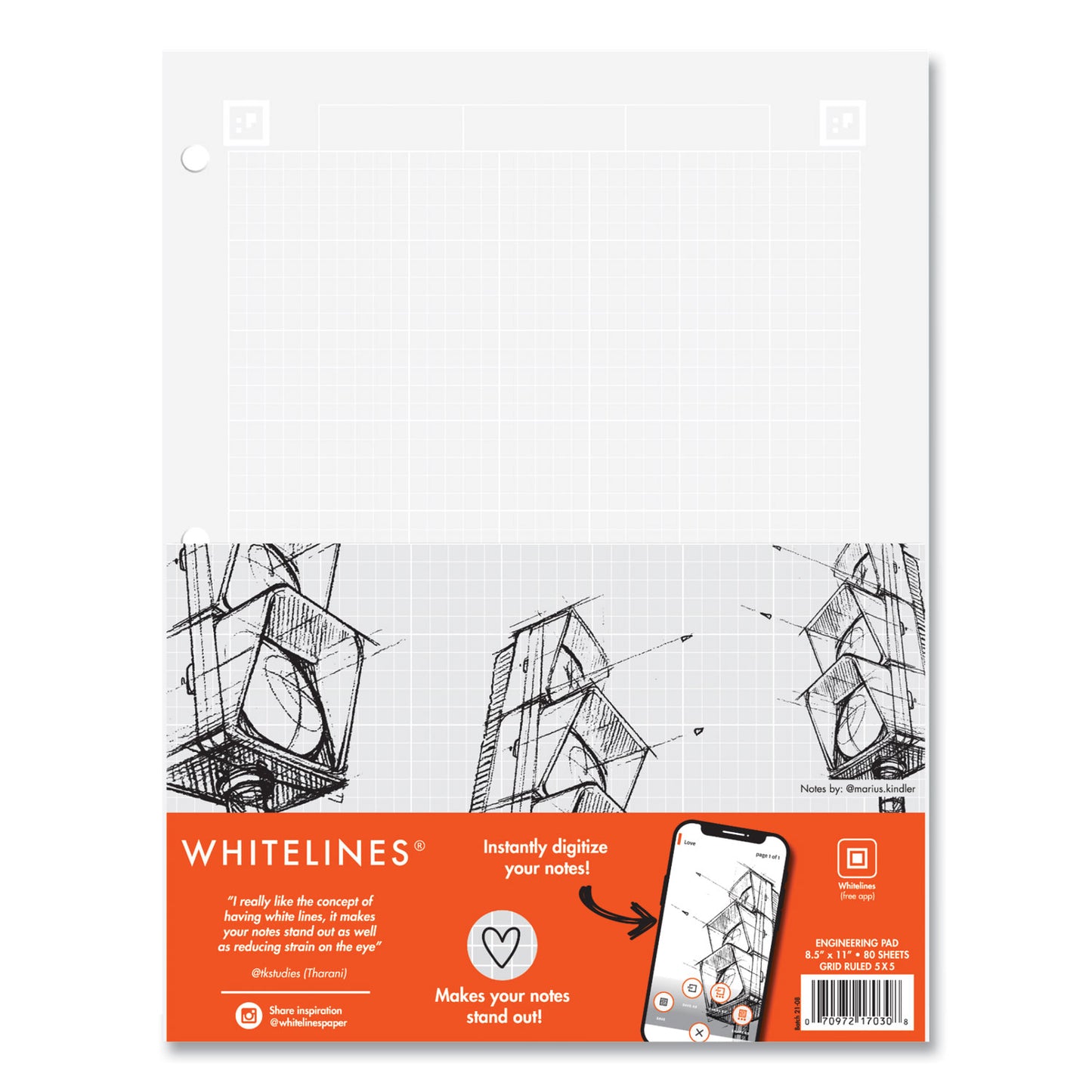 Whitelines Engineering Pad, Quadrille Rule (5 sq/in), (80) Gray 8.5 x 11 Sheets, 24/Carton