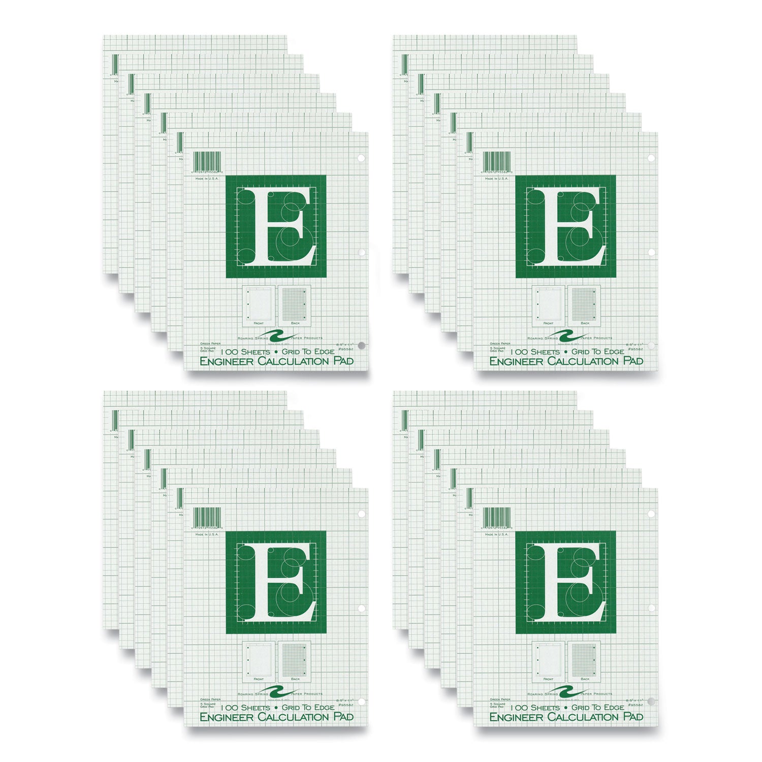 Engineer Pad, Data Format (1.25" Margin) and Quadrille Rule (5 sq/in, 1 sq/in), (100) Light Green 8.5 x 11 Sheets, 24/Carton
