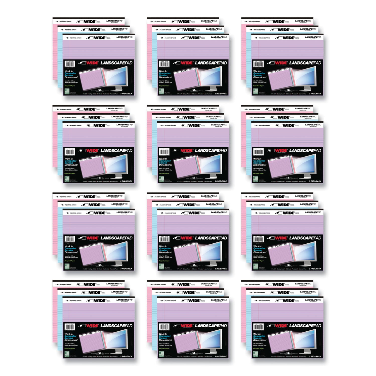 WIDE Landscape Format Writing Pad, Medium/College Rule, (40) Assorted Color 11 x 8.5 Sheets, 12/Carton
