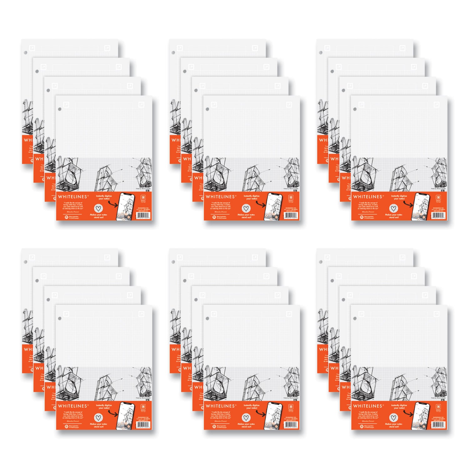 Whitelines Engineering Pad, Quadrille Rule (5 sq/in), (80) Gray 8.5 x 11 Sheets, 24/Carton