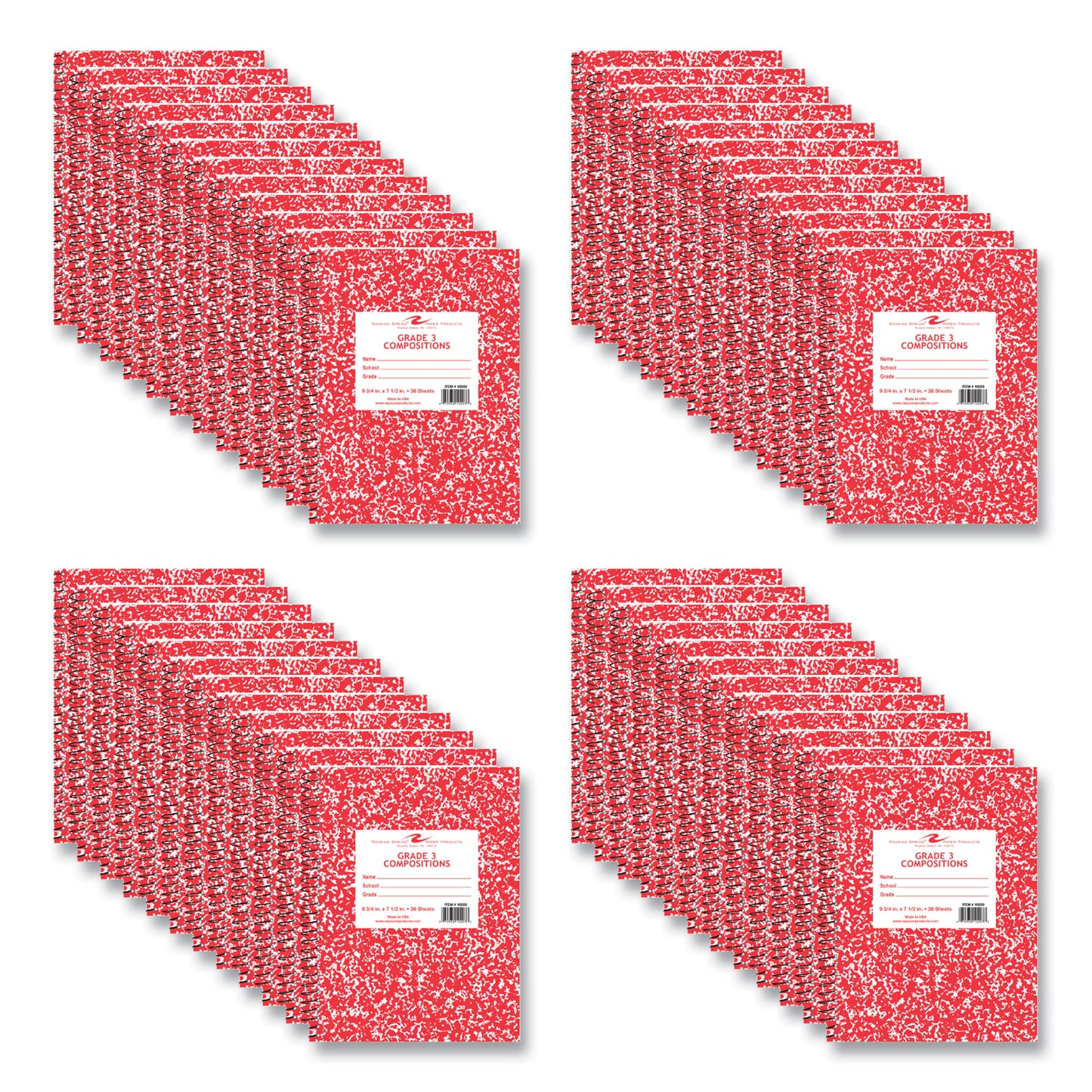 Grade School Wirebound Composition Book, Grade 1 Manuscript Format, Red Marble Cover, (36) 9.75 x 7.5 Sheets, 48/Carton