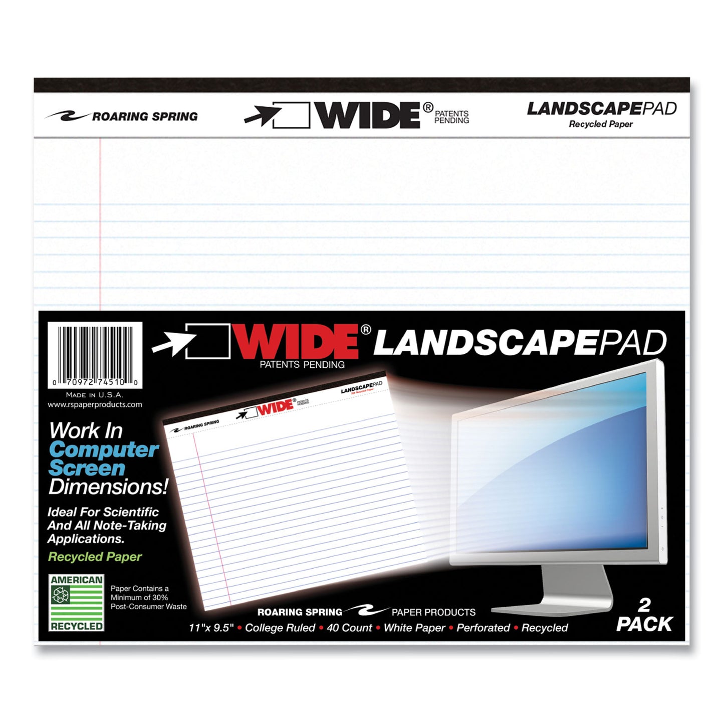 WIDE Landscape Format Writing Pad, Medium/College Rule, (40) White 11 x 8.5 Sheets, 18/Carton