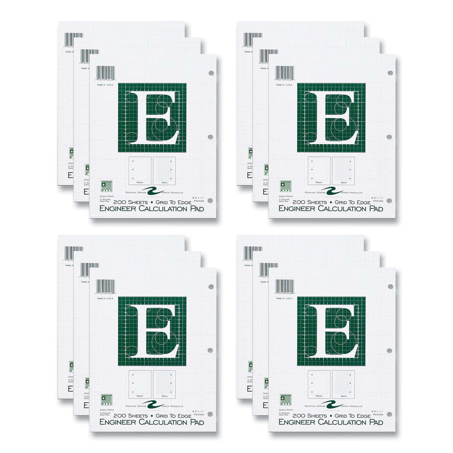 Engineer Pad, Data Format (1.25" Margin) and Quadrille Rule (5 sq/in, 1 sq/in), (200) Light Green 8.5 x 11 Sheets, 12/Carton