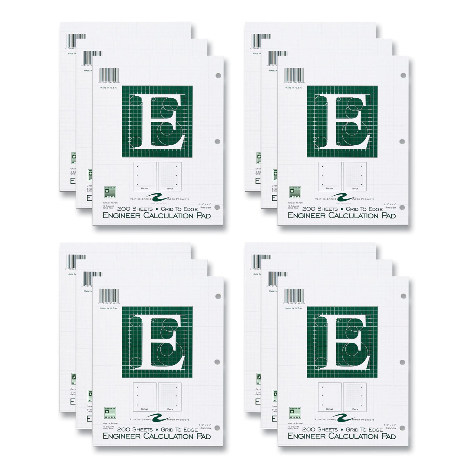Engineer Pad, Data Format (1.25" Margin) and Quadrille Rule (5 sq/in, 1 sq/in), (200) Light Green 8.5 x 11 Sheets, 12/Carton