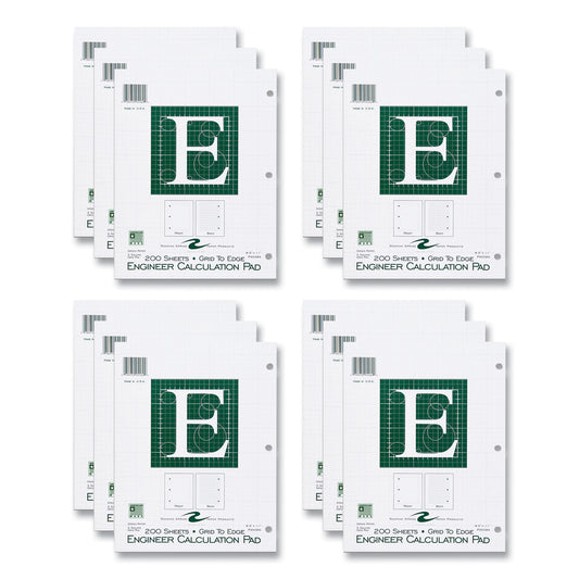 Engineer Pad, Data Format (1.25" Margin) and Quadrille Rule (5 sq/in, 1 sq/in), (200) Light Green 8.5 x 11 Sheets, 12/Carton