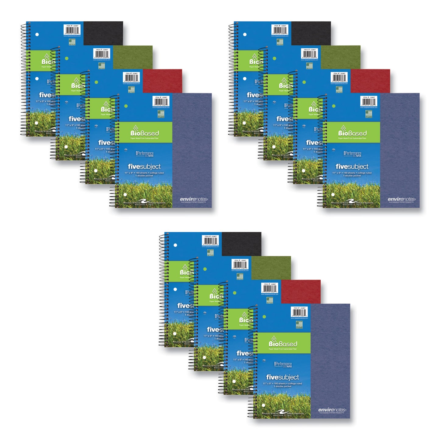 Earthtones BioBased Paper Notebook, 5-Subject, College Rule, Randomly Assorted Cover Colors, (160) 11 x 9 Sheets, 12/Carton