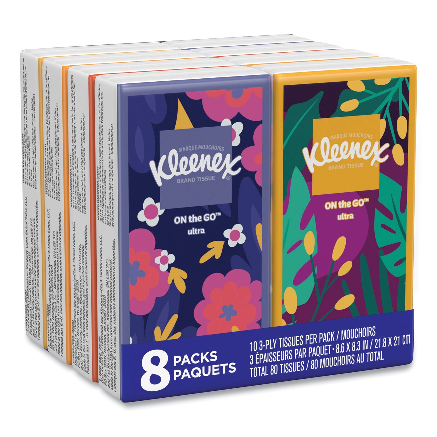 On The Go Packs Facial Tissues, 3-Ply, White, 10 Sheets/pouch, 8 Pouches/pack
