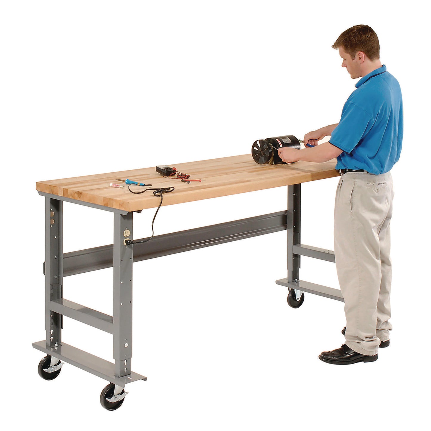 Light Duty Butcher Block Top Adjustable Height Workbench, 800 lbs, 60 x 30 x 36 to 43, Gray