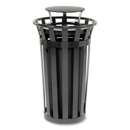 Outdoor Slatted Steel Trash Can, Rain Bonnet Lid, 24 gal, Black
