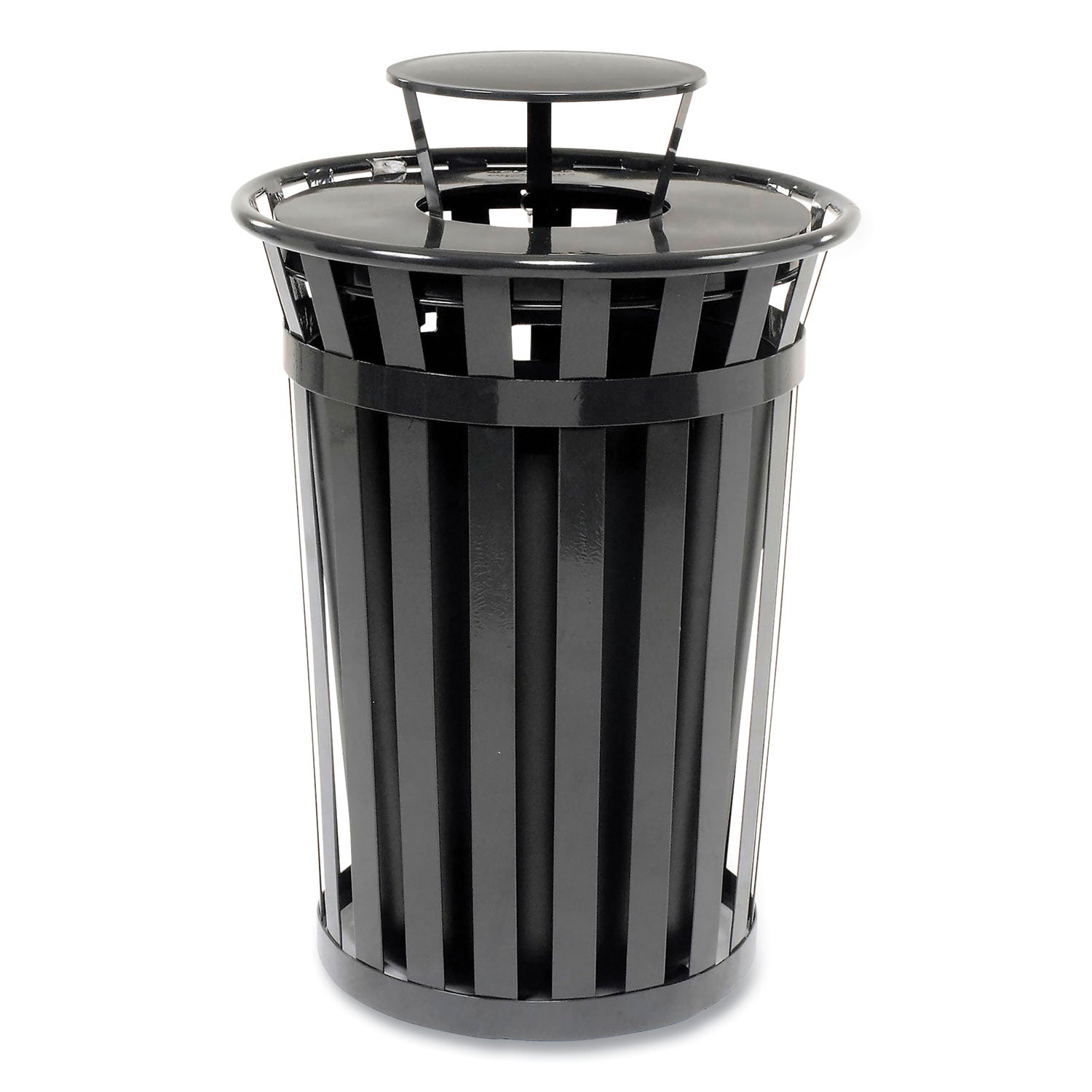 Outdoor Slatted Steel Trash Can, Rain Bonnet Lid, 36 gal, Black