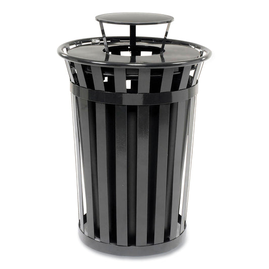 Outdoor Slatted Steel Trash Can, Rain Bonnet Lid, 36 gal, Black