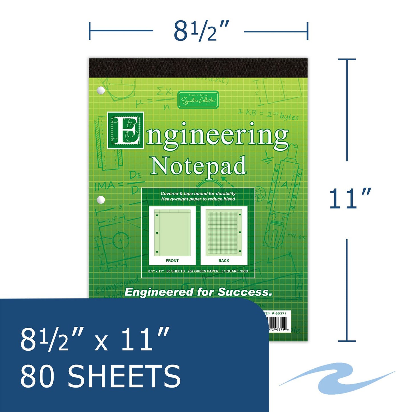 Covered Engineering Pad, Quadrille Rule (5 sq/in), (80) Green 8.5 x 11 Sheets, 24/Carton